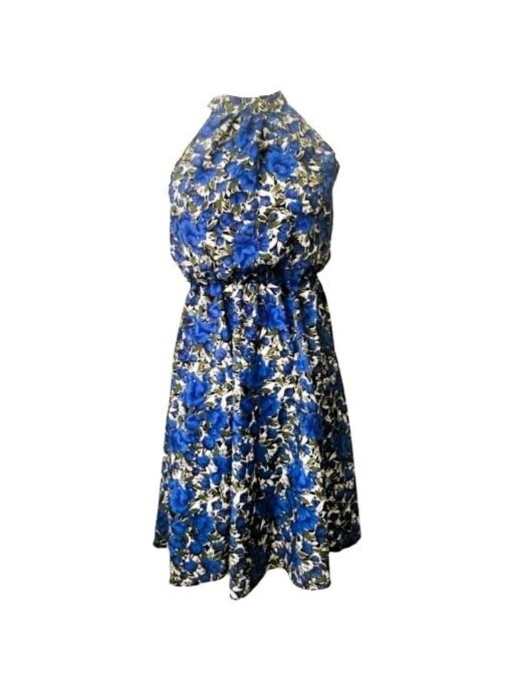 Shein Halter Midi Dress Women's Small Blue Floral Elastic Waist Choker Neck